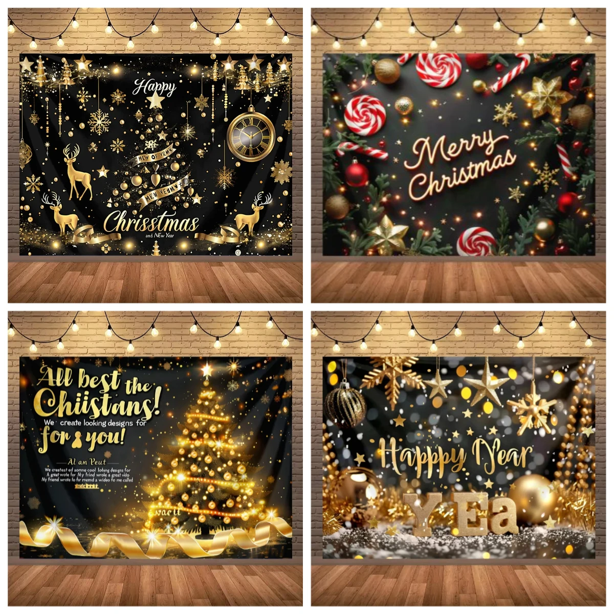 

Christmas Tree Gift Golden Deer Christmas Theme Banner Background, Children's Family Party Decoration Photography Background