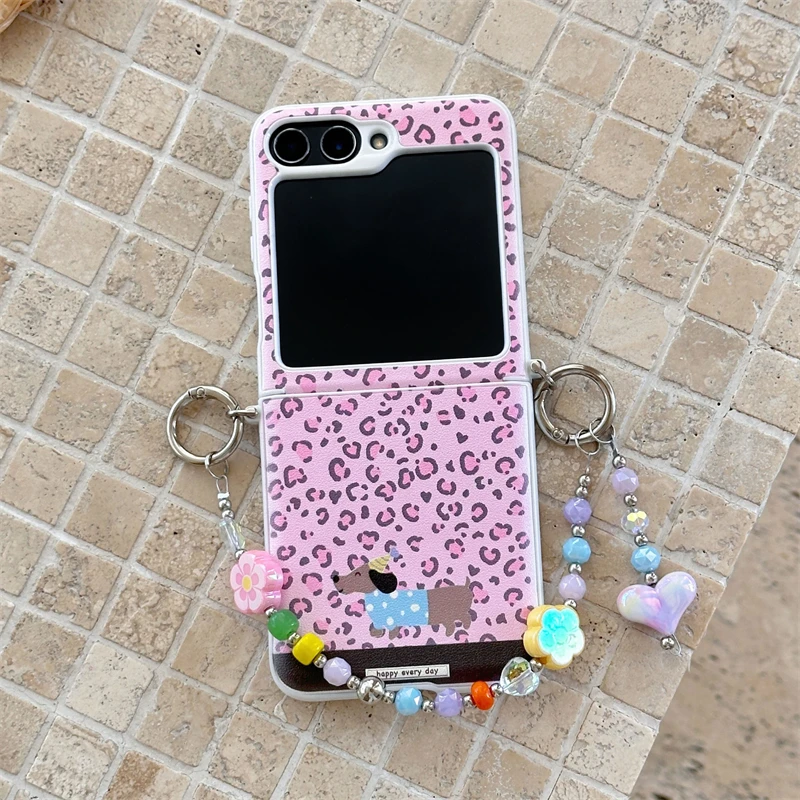 Funda de teléfono con estampado de leopardo rosa para Samsung Z Flip 7 6 5 4, funda con cadena, fundas bonitas para Galaxy Z Flip6 Flip7 Capa