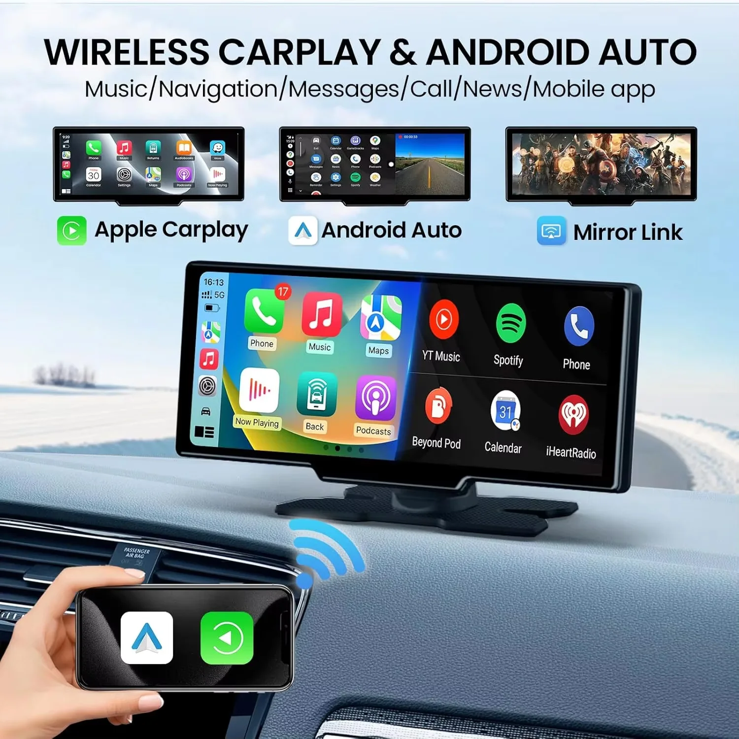XIMA 11.3 Inch 4K DVR Wireless CarPlay & Android Auto Dashcam Bluetooth Audio GPS Navigation Dashboard Dual Lens Video Recorder