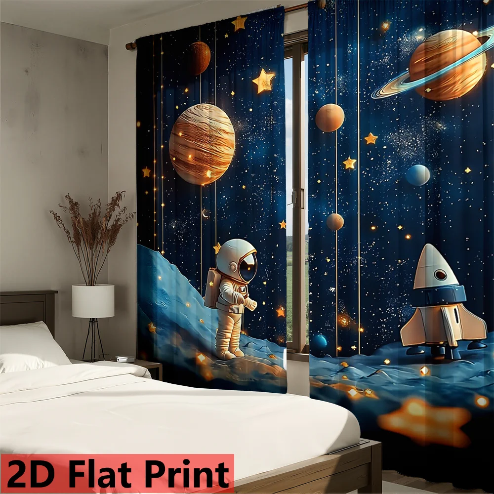 Space Astronaut Planets Print Window Curtains for  Kids Room Blackout Thermal Insulated Drapes for Privacy and Cosmic Home Decor