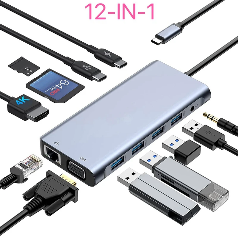 Docking Station USB Hub 12 In 1 4K 30Hz: -Compatible, USB 2.0, USB 3.0, PD, SD/TF