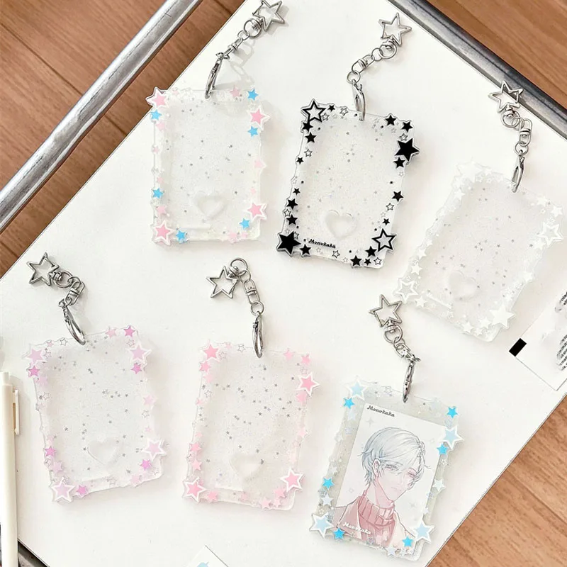 Cute Star Glitter Acrylic Photocard Holder Keychain 3 Inch Kpop Photo Card Sleeve ID Badge Holder Portable Bag Charm Stationery