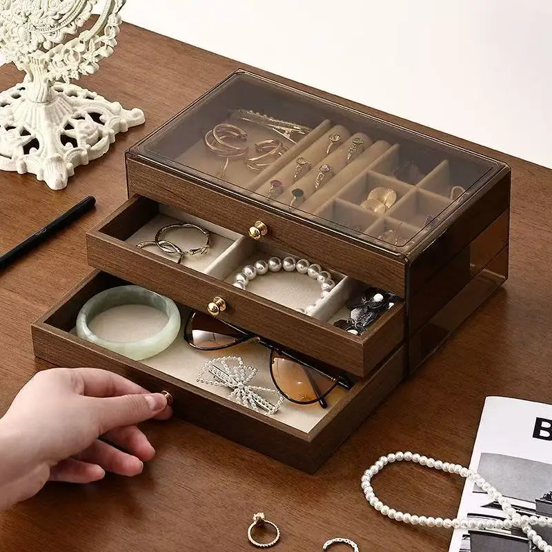 Three-layer Drawer Walnut High-end Multi-layer Jewelry Box Exquisite Storage for Earrings Bracelets Rings Necklaces
