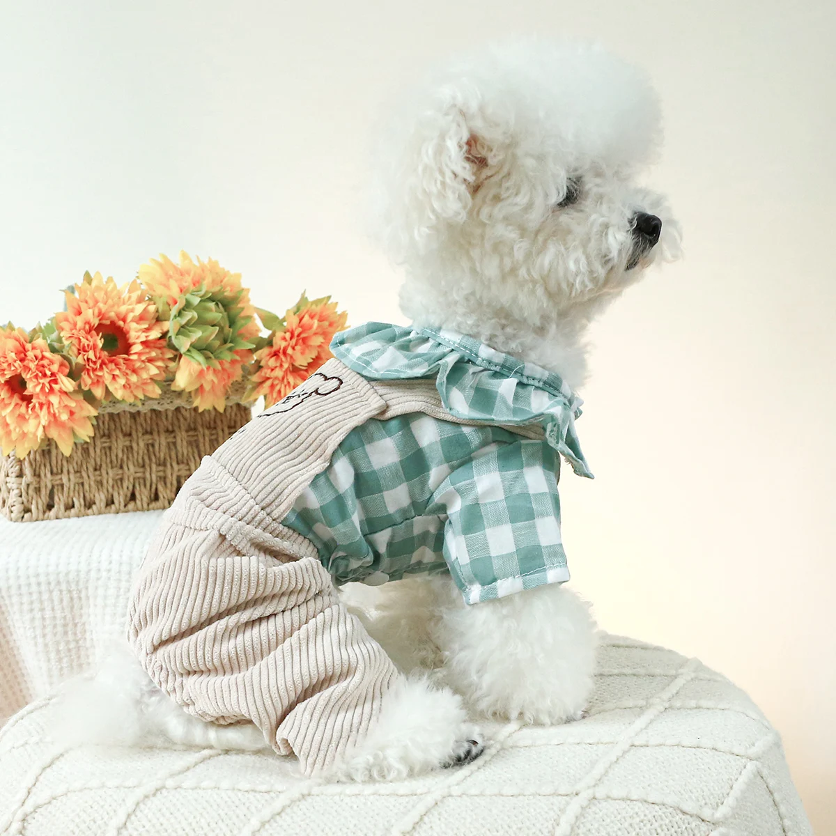 1PC Pet Clothes Cat Spring and Autumn Lotus Leaf Green White Strap Pants Four legged Suitable for Small and Medium Dogs