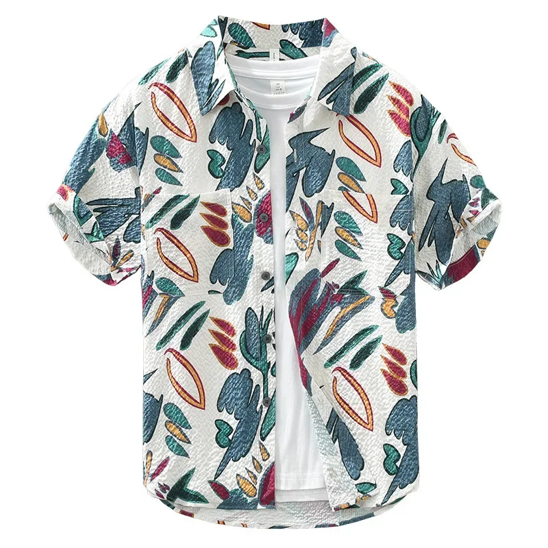 

Men's summer casual short sleeved loose fitting shirt with seersucker printed embossed anti wrinkle Hawaiian fashion cardigan