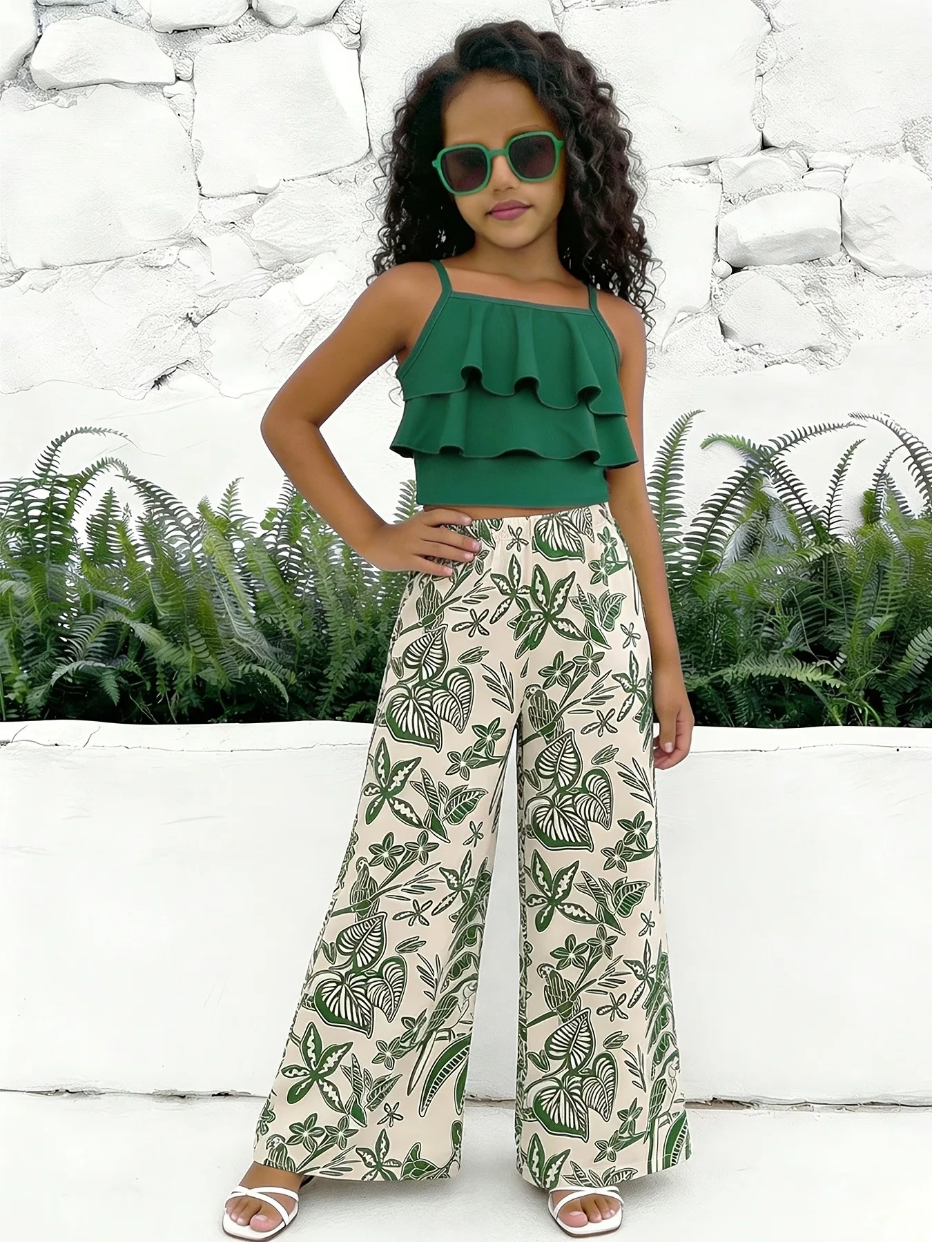 Girls 2Pcs Summer Outfit Ruffle Cami Top + Tropical Leaf Wide Leg Pants, Boho Vacation Casual Set for Little Kids