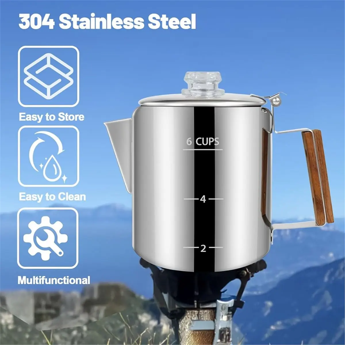 6カップパーコレーター 304ステンレス鋼コーヒーポット コーヒーメーカー ハンドル付き ストーブトップモカ 家庭用およびキャンプ用 1000ml
