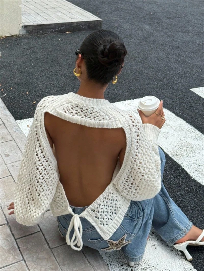 

Сексуальный ажурный вязаный топ из полиэстера, свободного кроя, с длинными рукавами, повседневный, для работы и отдыха, модный женский топ