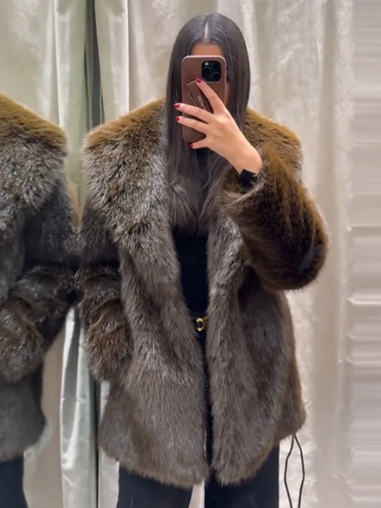 With Belt Fur Coat Fluffy Large Heart Shaped Waist Cinching Deep V Mid Length Overcoat Warm Plush Women Trend Outwear Winter Top