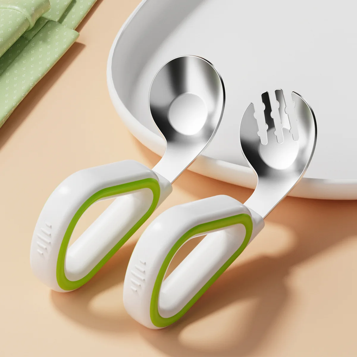 New design training easy to grip Elbow fork spoon short handle learn artifact silicone Baby 316 stainless steel fork spoons