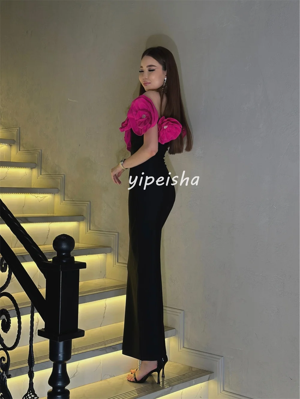 Vestidos hasta el tobillo con hombros descubiertos, columna de cuentas de flores hecha a mano, Jersey exquisito Formal personalizado, vestidos para ocasiones a medida