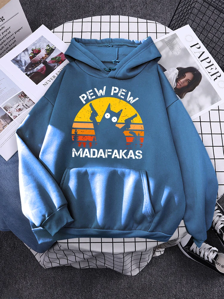 Pew Pew Madafakas Cat With Two Guns Print Clothes New Pocket Sweatshirt Crewneck Hip Hop Hoody Autumn Fleece Woman Hoodies