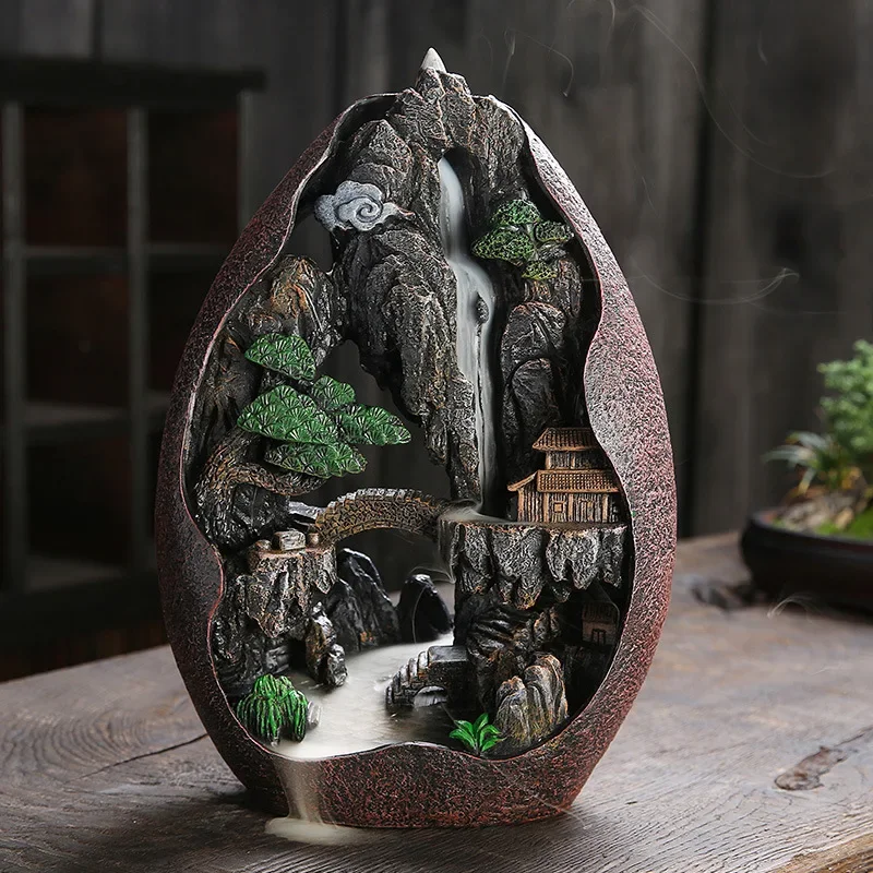 &R% Mountain Landscape Resin Backflow Incense Burner Elegant Large Desktop Home Ornament
