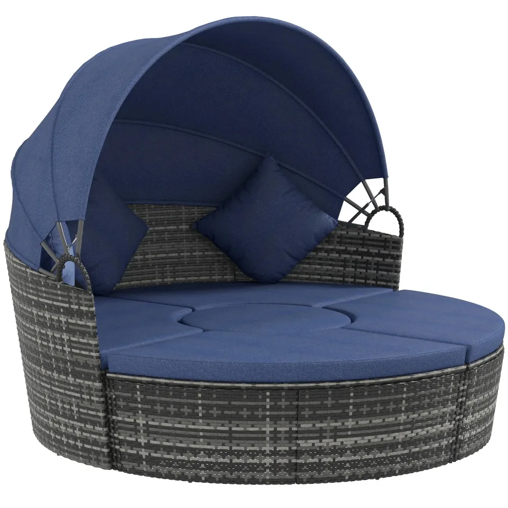 

Outdoor Convertible Daybed, 4Pc Furniture Set, Sofa, Coffee Table, Chairs, Blue