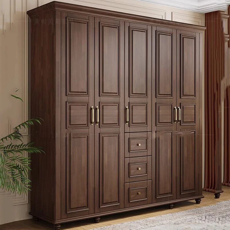 American Retro Wardrobe Wood Large Black Walnut Wardrobe 4 Doors Cabinet Vestidores De Armario Abiertos Ropero Furniture