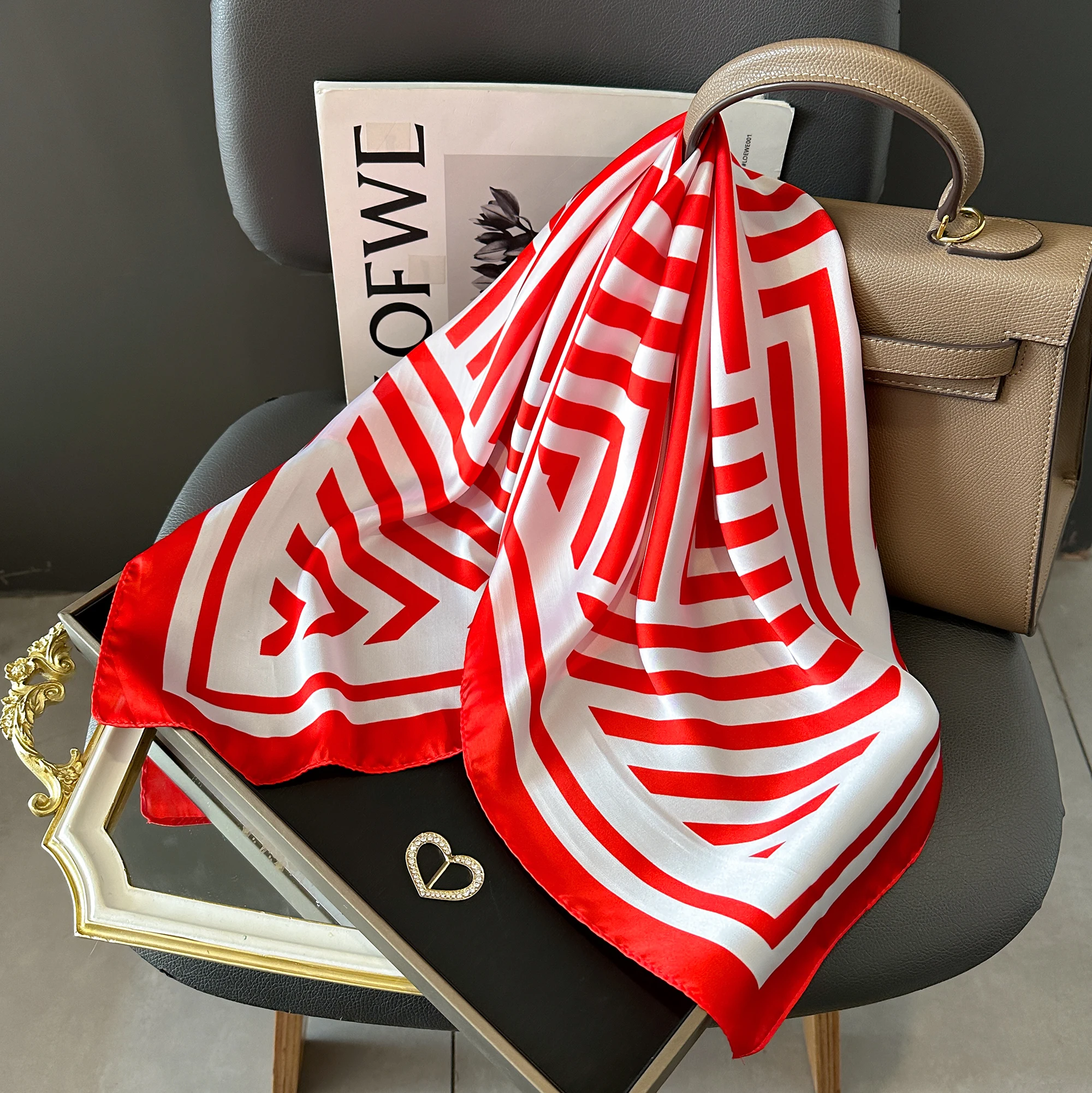 New lady Girl 70*70cm Silk Satin Hair Scarf Women Handkerchief stripe Printed Female Square Head Bandana Small Neck Muffler Hija