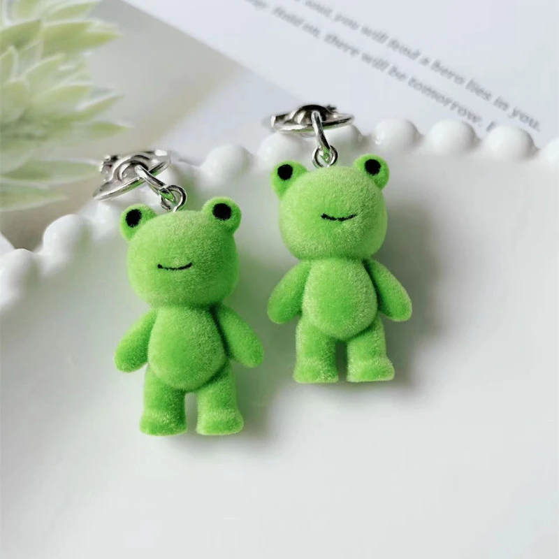 Frog Pendant Kawaii 3D Fluffy Flocking Animal Frog Charms Miniature Dolls Keychain Necklace Pendant DIY Jewelry Make