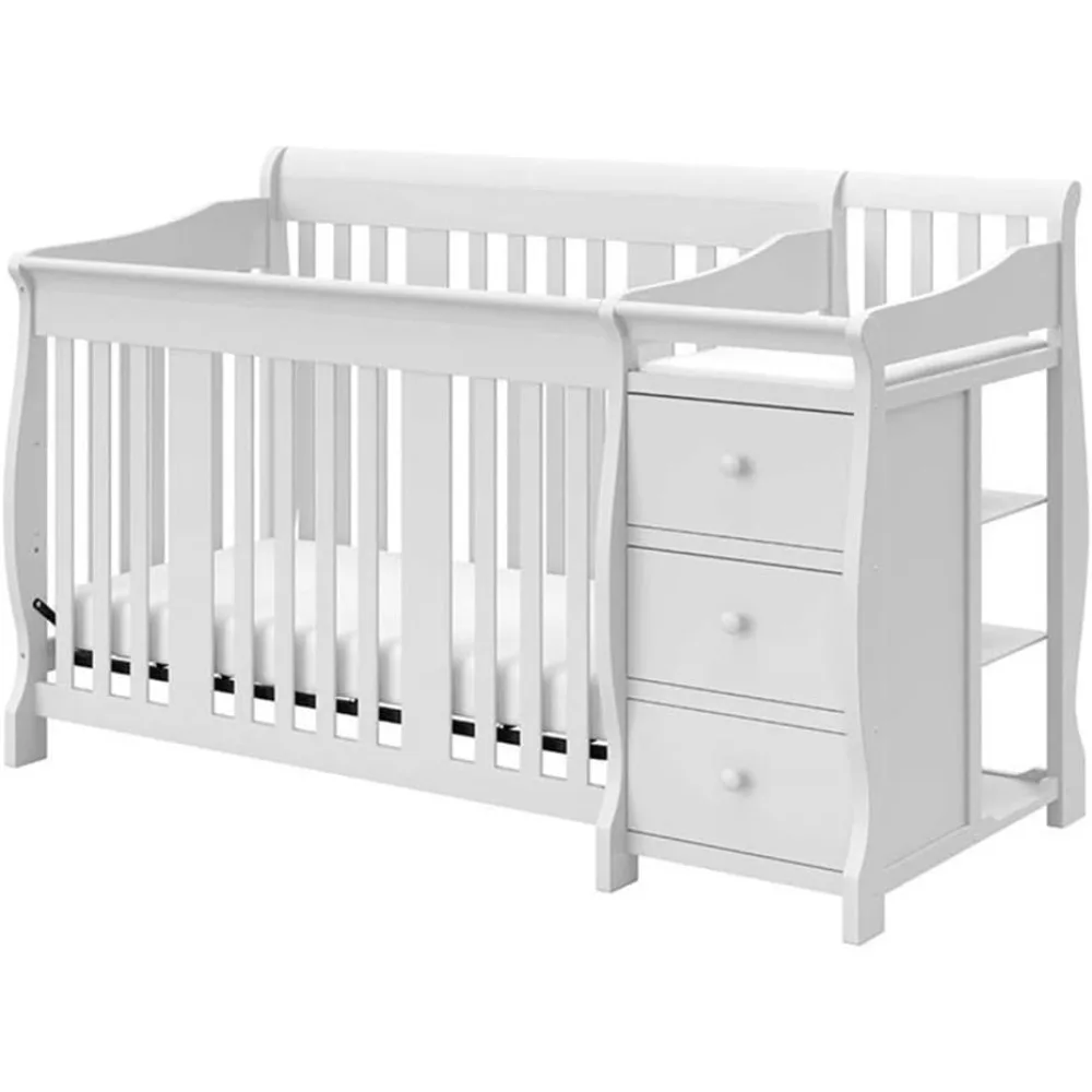 4-in-1 Convertible Crib and Changing Table Combo in White, Three Level Adjustable Mattress Height,  Toddler Bed or Day Bed