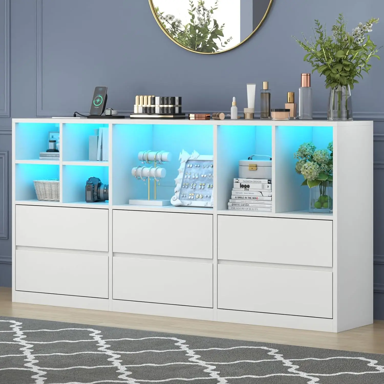 6 drawers dresser with 7 storage cubbies, led chest of drawers with power outlet, 63