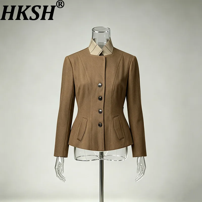 HKSH Women Blazer High-end Color-blocked Plaid Stand Collar Patchwork Waist Cinching Single Breasted Slim Fit Suit-Coat HK28176