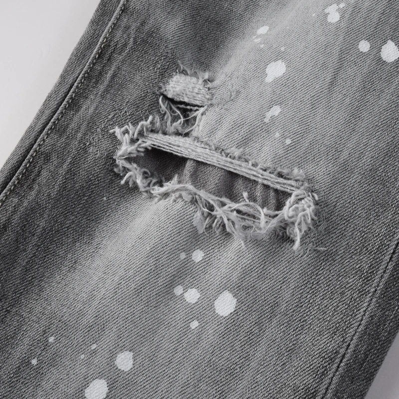 

Новые мужские джинсы от дизайнера с перфорированными вставками, окрашенные и выстиранные, в стиле ретро, эластичные, облегающие, светло-серые, в стиле хип-хоп.