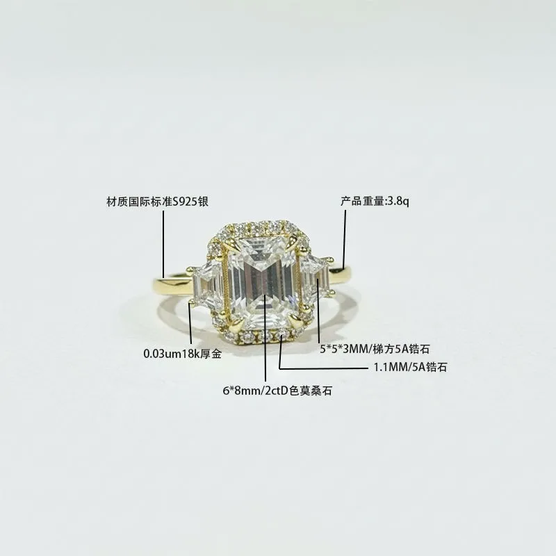

Moissanite Ring for Women, S925 Sterling Silver 18K Gold Plated 3-Stone Halo Ring, 6*8mm 2CT D Color Emerald Cut Moissanite Cent