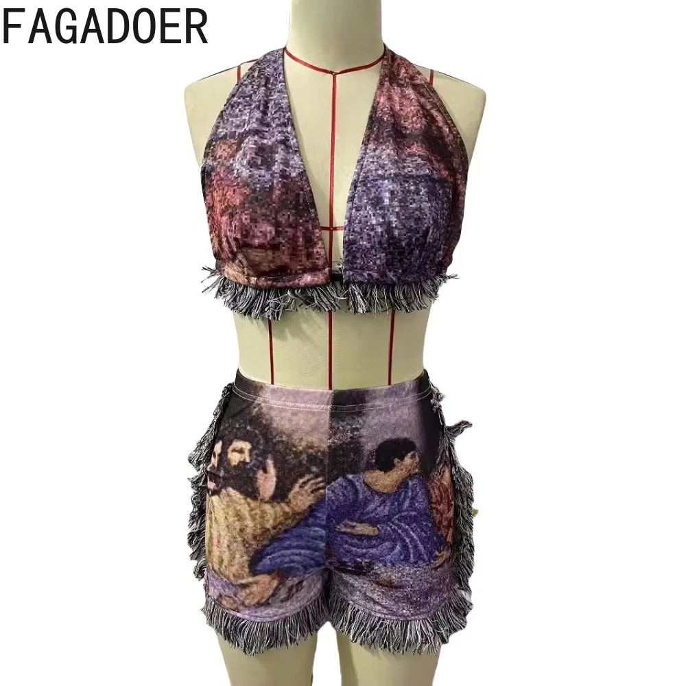 Fagadoer Ins Mode Kwastje 2 Delige Sets Outfit Vrouwen Olieverf Print Bh Top En Hoge Taille Shorts Pakken Casual Streetwear