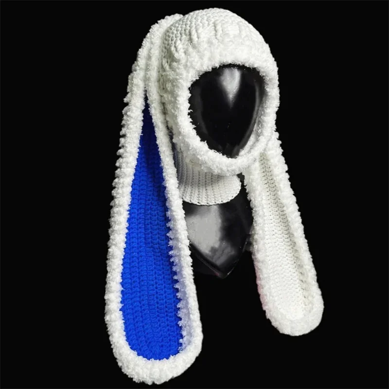 Blue and white long Rabbit ears Pullover cap Handmade crocheted Balaclava protect neck For women men Winter warm Fashion hat