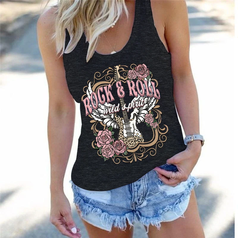 Rock & Roll Guitar Pattern Women Sleeveless Vest Wild Spirit Hip Hop Music Lovers Gifts Summer Racerback Tank Top Streetwear
