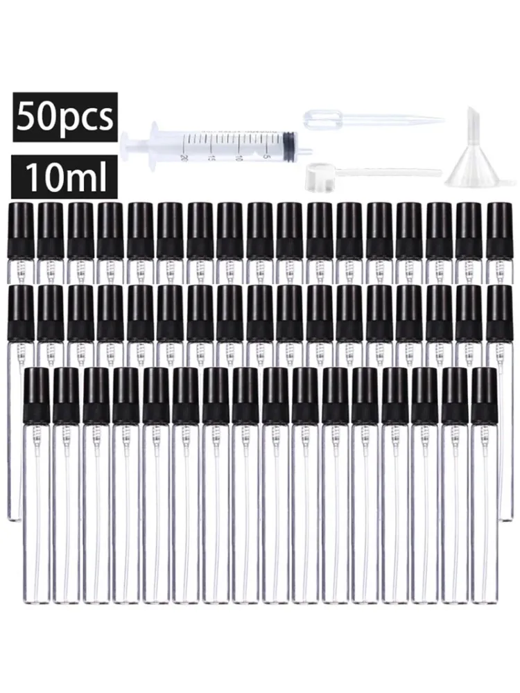 50 stuks 4 accessoires 10 ml hervulbare glazen spuitfles met 50 spuitflessen, 1 druppelaar, 1 trechter, 1 dispenser divan, 1 spuit - afbeelding 2