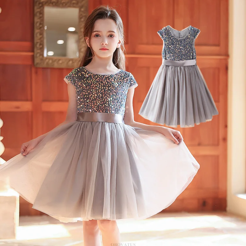 Princess Girl Shining Sequin Dress For Formal Occasion Child Luxury Birthday Gift Clothes Kids Evening Party Performance Costume