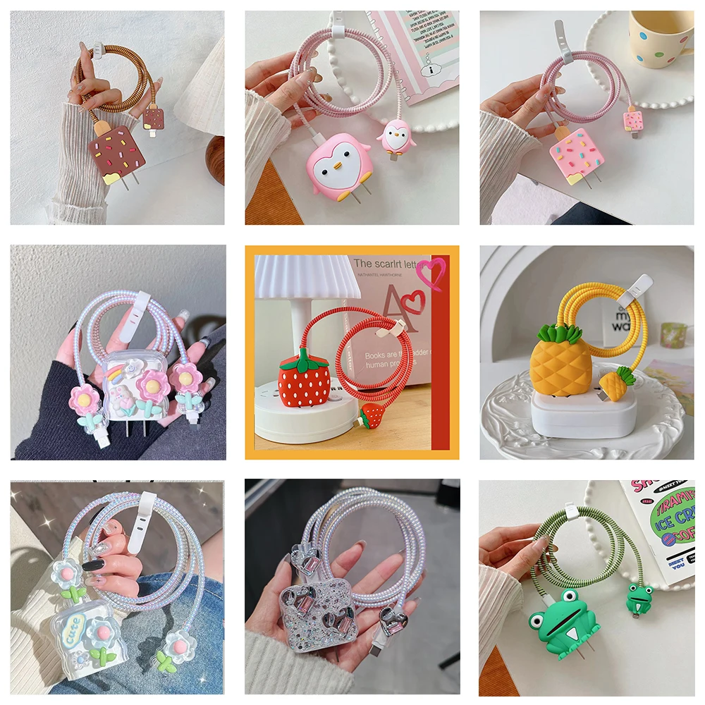 Transparent Shining Love Heart Cellphone Charger Protective Case for Apple IPhone 18/20W Laser Cable Winder Wire Protectors