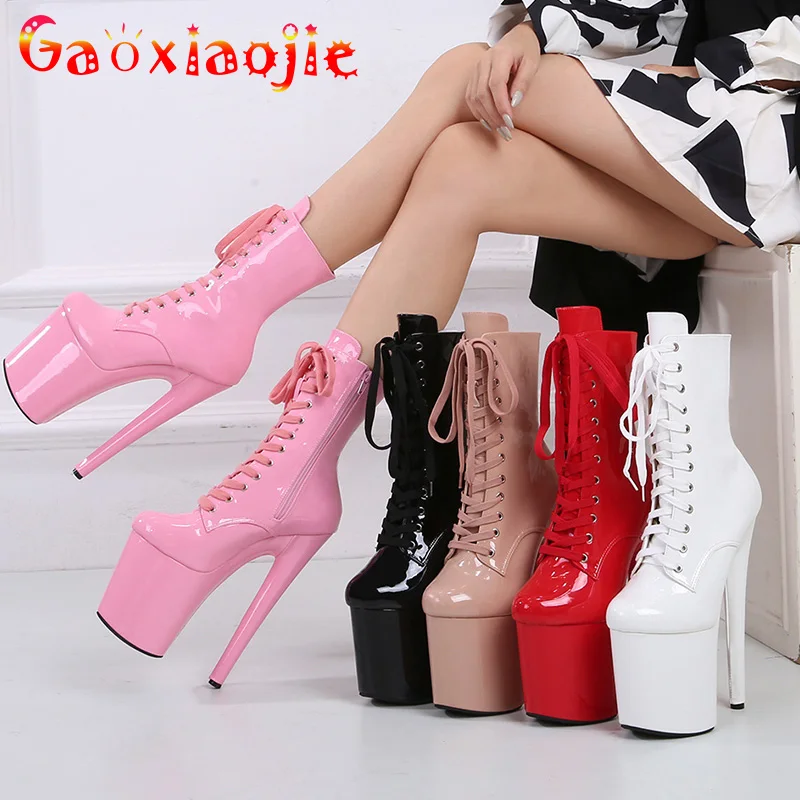 

2022 New Plus Size Pole Dancing Lace Up Ankle Boots 20CM Thin Heels Sexy Fetish Platform Women Shoe 8 Inches Woman Wedding Pumps