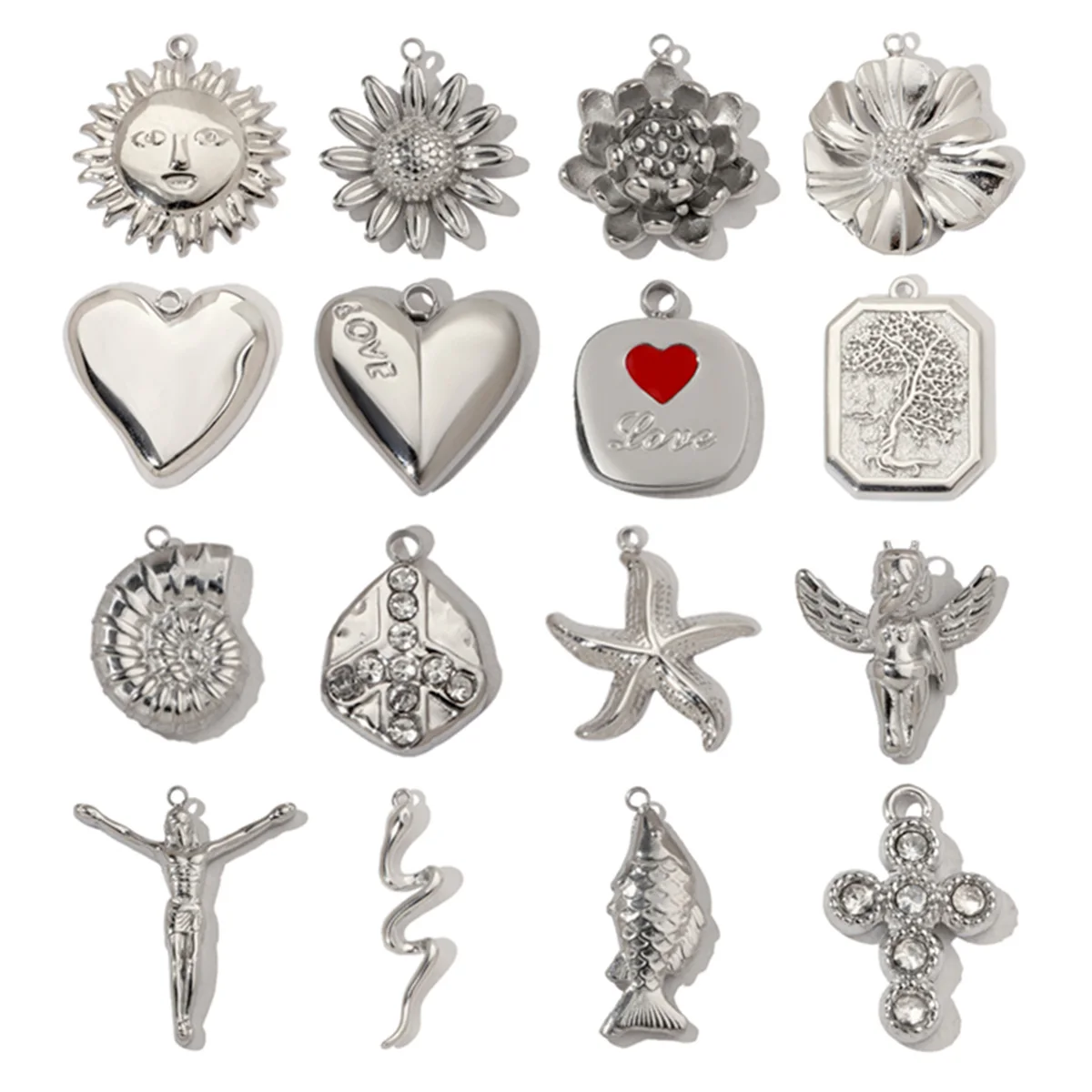 3pcs/Lot Trendy Stainless Steel High Polish Cross Sunflower Charms Angel Starfish Snake Necklace DIY Small Pendant Wholesale