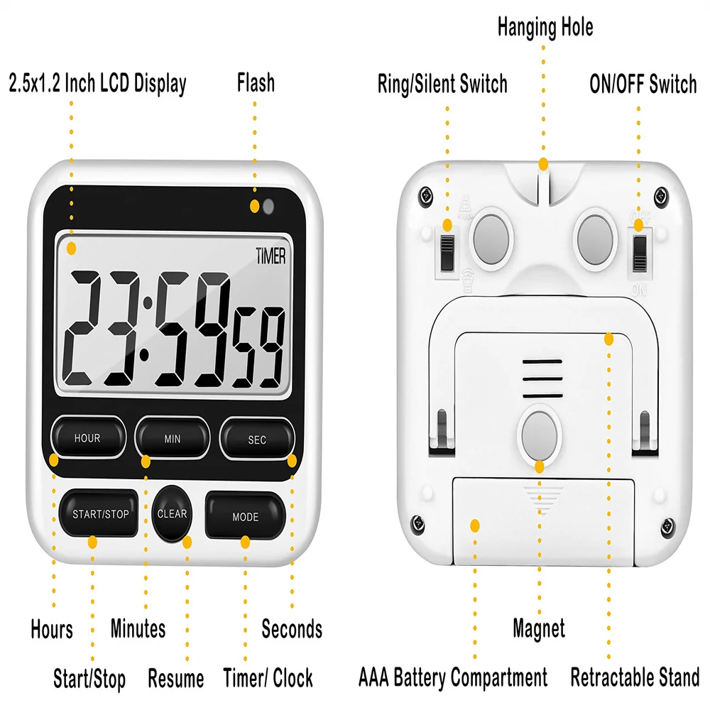 LCD Display Digital Kitchen Timer with Mute/Loud Alarm Switch ON/Off Switch 24 Hour Clock Alarm for Kids Teachers Cooking