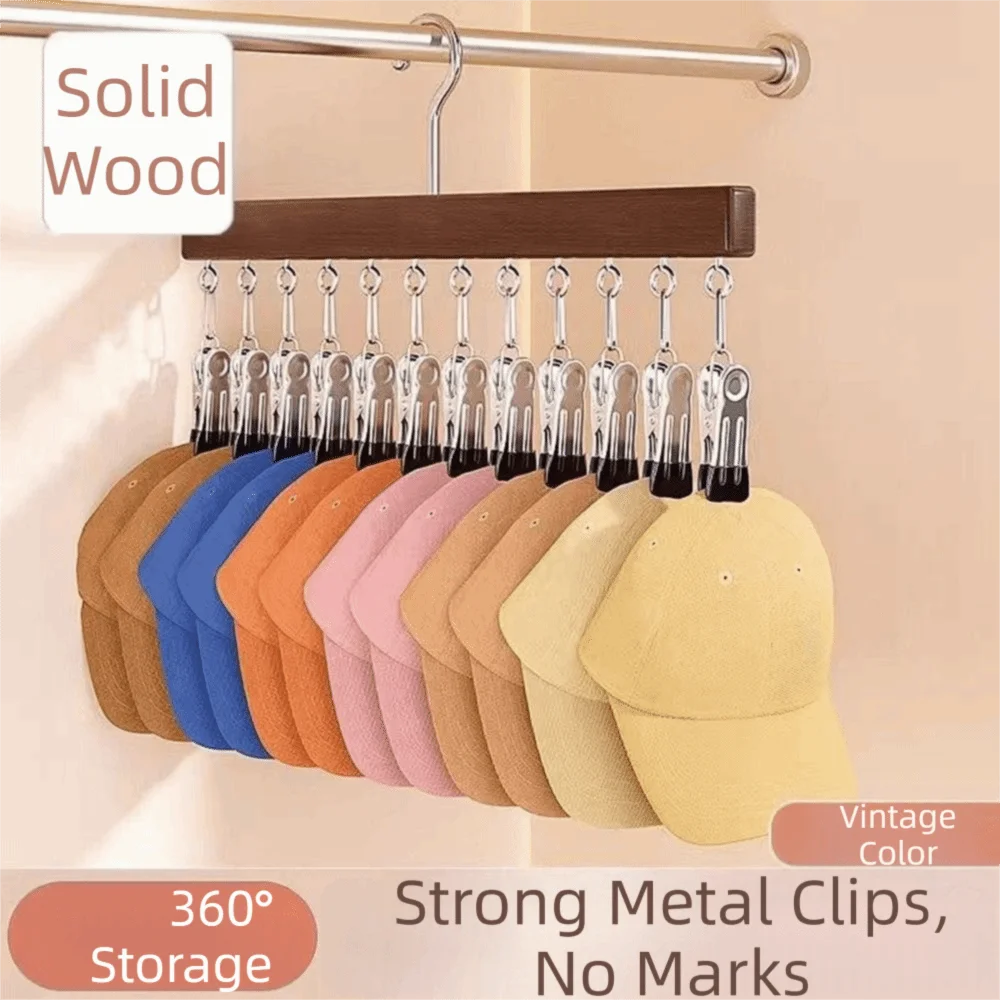 

Hats Storage 360°Rotation Wood Hanger 10/12 Clips Stainless Steel Drying Rack No Trace Strong Wooden Storage Rack Tie Hanging
