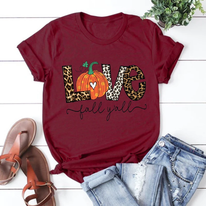 Love Fall Y'All Shirt Leopard Print Fall Tshirt Thanksgiving Hello Pumpkin Top Fall Vibes Peace Thanksgiving Family Clothes L