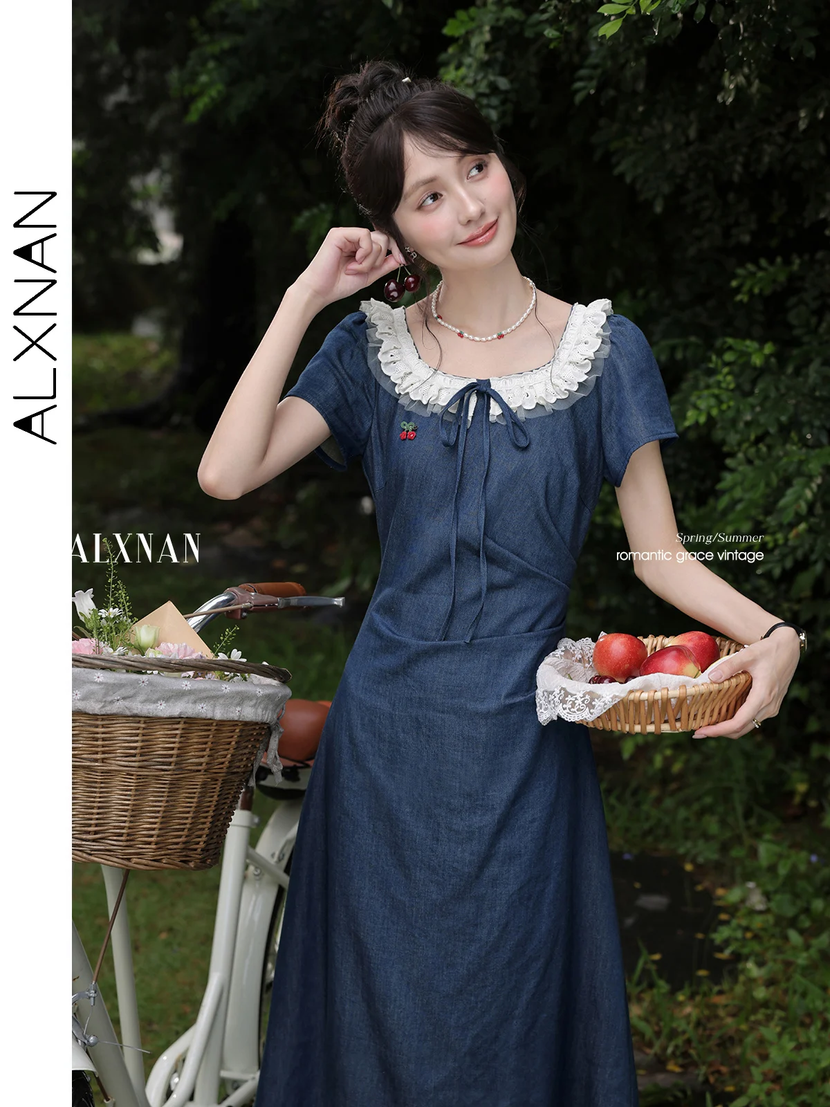 

ALXNAN Women's Long Dress Blue Lace Neckline Elegant Holiday Cotton 100% Dress 2025 Summer Causal Short Sleeve Clothes DYL661906