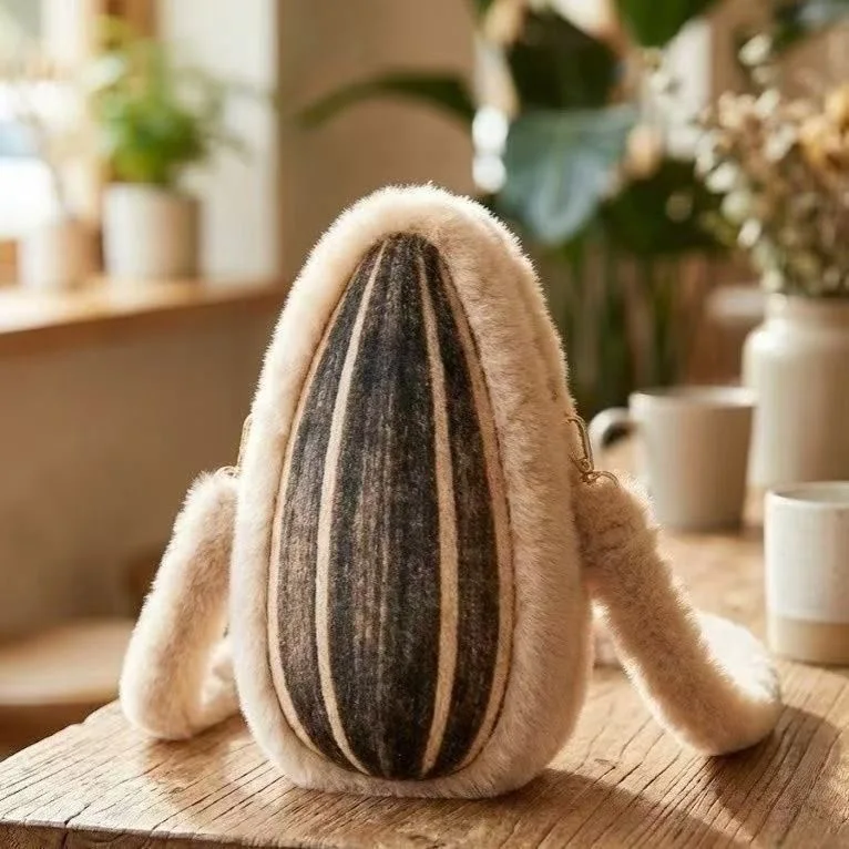 Creative Sunflower Seed Shape Plush Crossbody Bag, Funny Food-themed Mini Shoulder Bag for Adults & Kids
