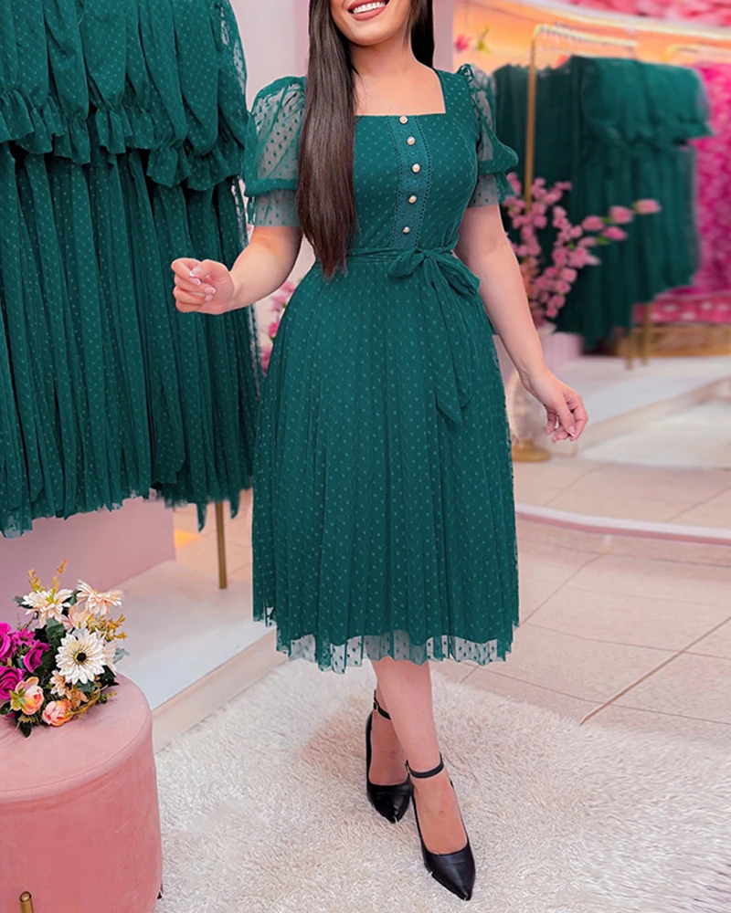 Vestidos elegantes para mujer, vestido acampanado con cintura acampanada y encaje con cuello cuadrado para ir al trabajo, vestido Midi informal de malla transparente para mujer