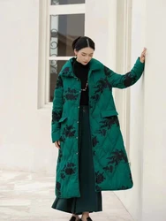 Female Chinese Retro Embroidery Long Coat, Thickened Down Jacket, Warm Lapel, White Duck, Fluffy, New Clothing, Fall and Winter