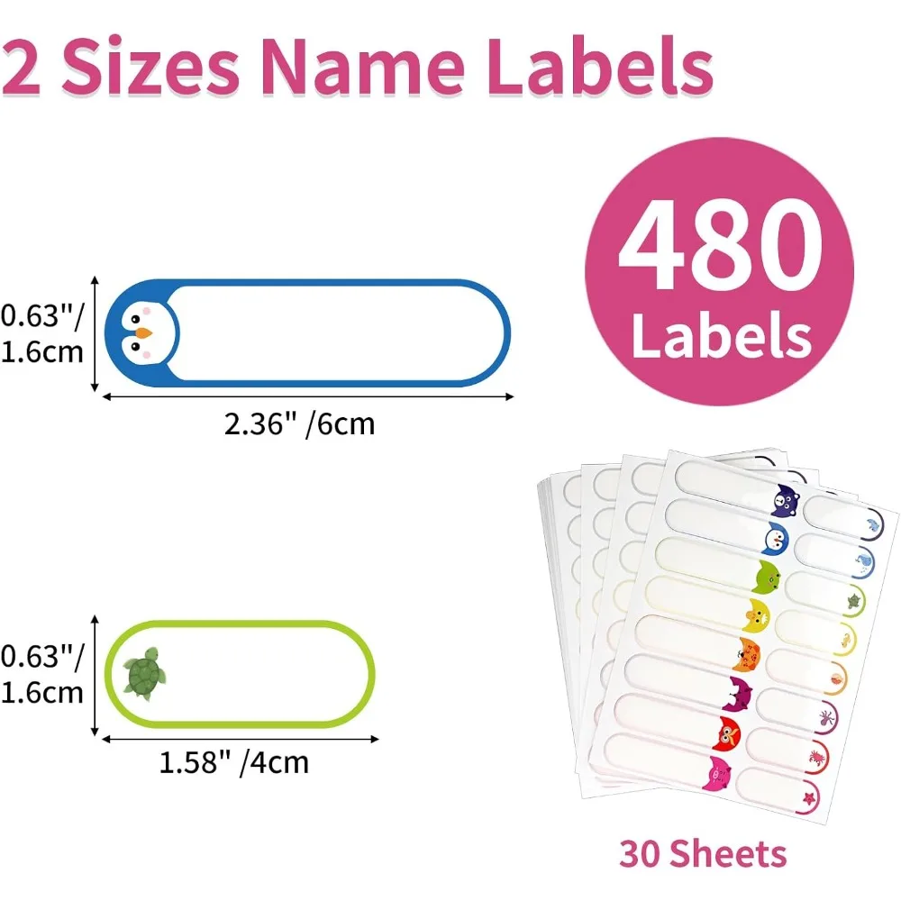 480 Animal Waterproof Labels for Kids - Dishwasher Safe Name Stickers for Bottles, School Supplies