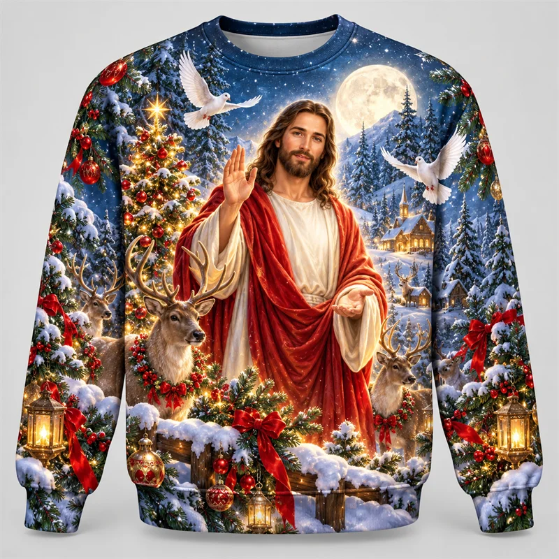 Jesus Christmas Sweatshirt Nativity Christian Faith Graphic Crewneck Xmas Pullover Holiday Winter Religious Gift Streetwear Top