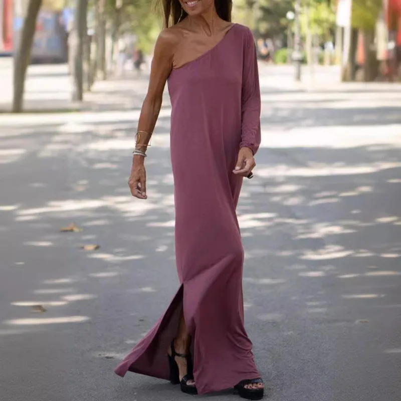 

New Oversized Long Dress Women Maxi Dress One-shoulder Long-sleeve Design Party Dresses Robe Evening Dresses Vestido Loose