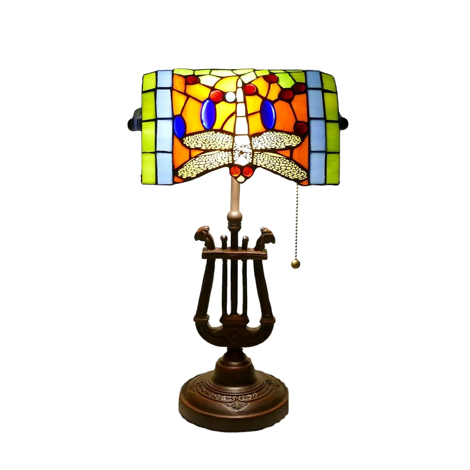 

Dragonfly Bankers Antique Stained Glass Banker Table Lamp with Pull Chain, Vintage Desk Lamp for Home Office