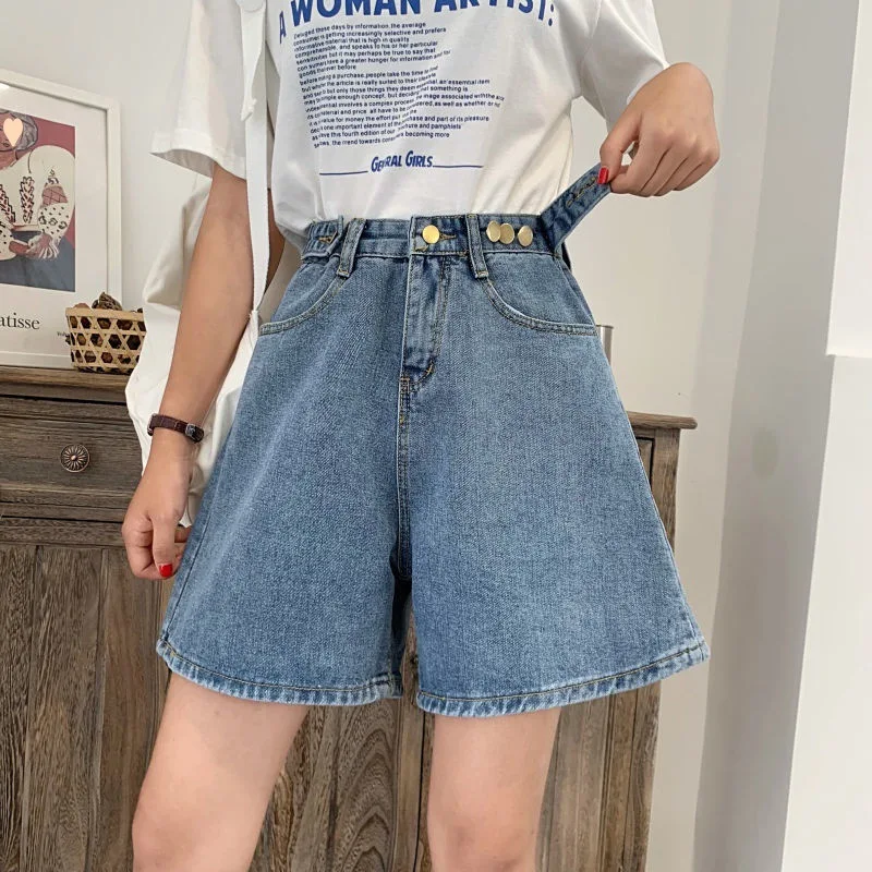 2023 Summer Vintage Women High Waist Button Wigh Leg Knee-Lenght Jeans Shorts Korea Chic Casual Female Loose Blue Denim Shorts