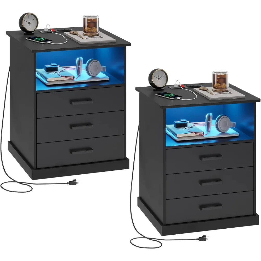 Nightstands Set of 2 with Charging Station and LED Lights, Large Bedside Table with 3 Storage Drawer