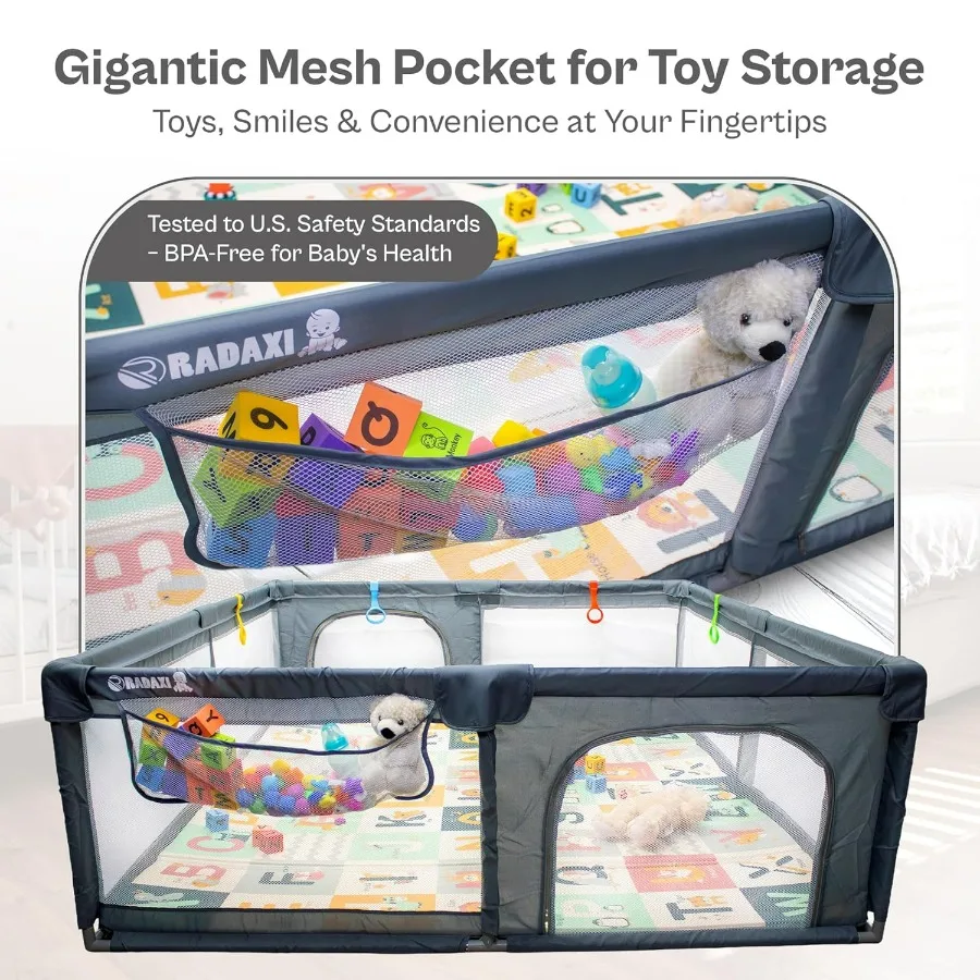 روضة أطفال كبيرة مقاس 71 × 59 بوصة مع شبكة ناعمة قابلة للتنفس وسياج أمان لبوابة بسحاب للاستخدام الداخلي والخارجي سجادة لعب غير قابلة للانزلاق