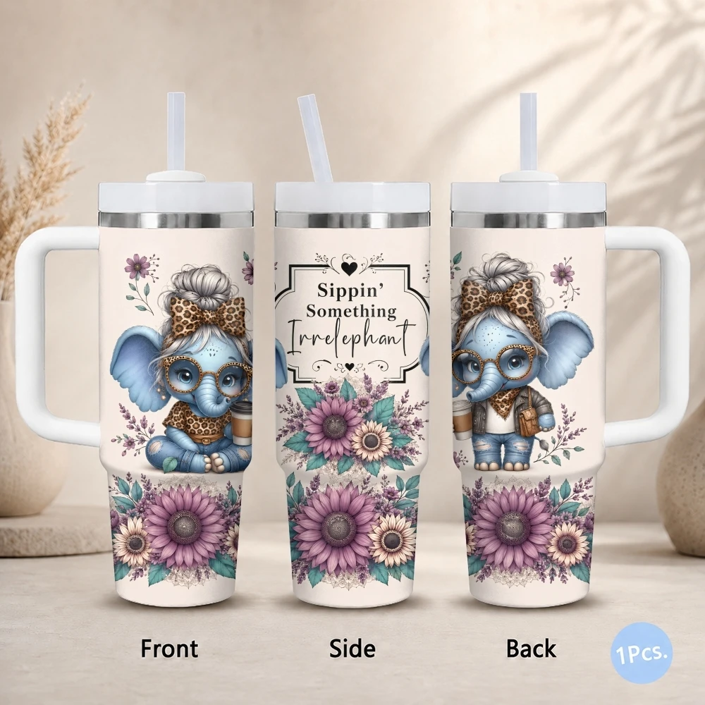 

Elephant Funny Cute Vacuum Flasks 40oz Thermal Stainless Steel Tumbler with Handle Straw Leakproof Mug