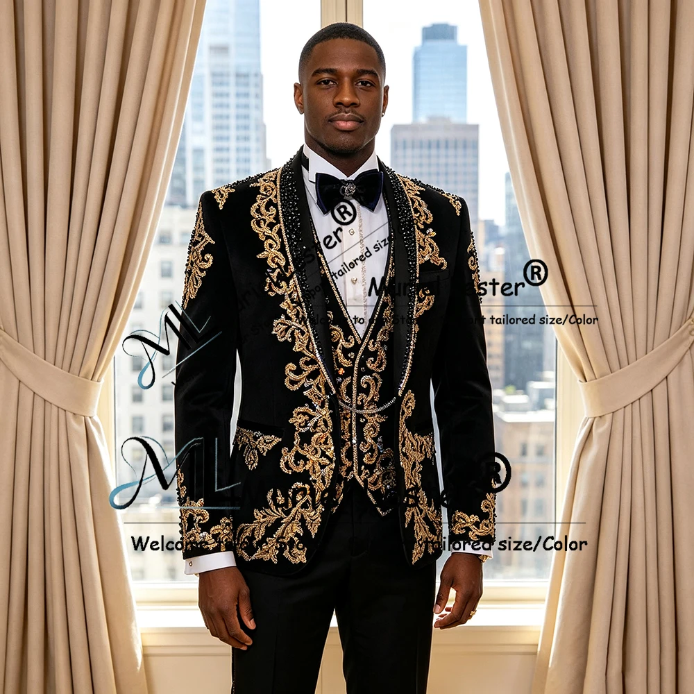 Exquisite Crystals Beading Suits Men For Wedding Single Breasted Prom Blazers Customized 3 Pieces Sets Groom Tuxedos Ropa Hombre